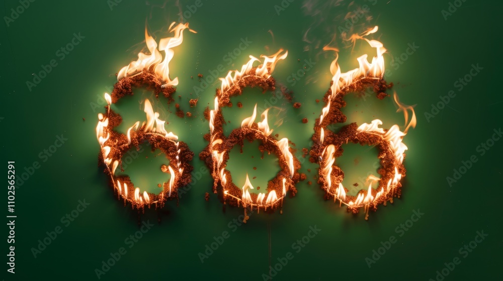 Three large numbers forming 666 are ablaze with intense flames against a solid green wall. The vibrant fire and contrasting background create a bold and dynamic visual effect, symbolizing heat and Three large numbers forming 666 are ablaze with intense flames against a solid green wall. The vibrant fire and contrasting background create a bold and dynamic visual effect, symbolizing heat and