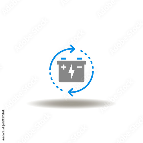 Vector illustration of accumulator and round arrows symbolizing process or progress. Symbol of battery production. Icon of accumulator charging.