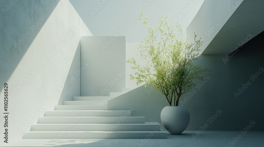 A serene interior space featuring stairs and a vase with greenery. A serene interior space featuring stairs and a vase with greenery.