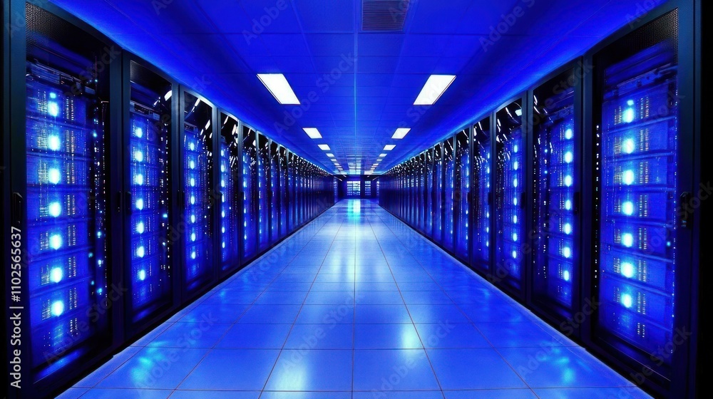 A corridor in a data center filled with server racks illuminated by blue lights. A corridor in a data center filled with server racks illuminated by blue lights.