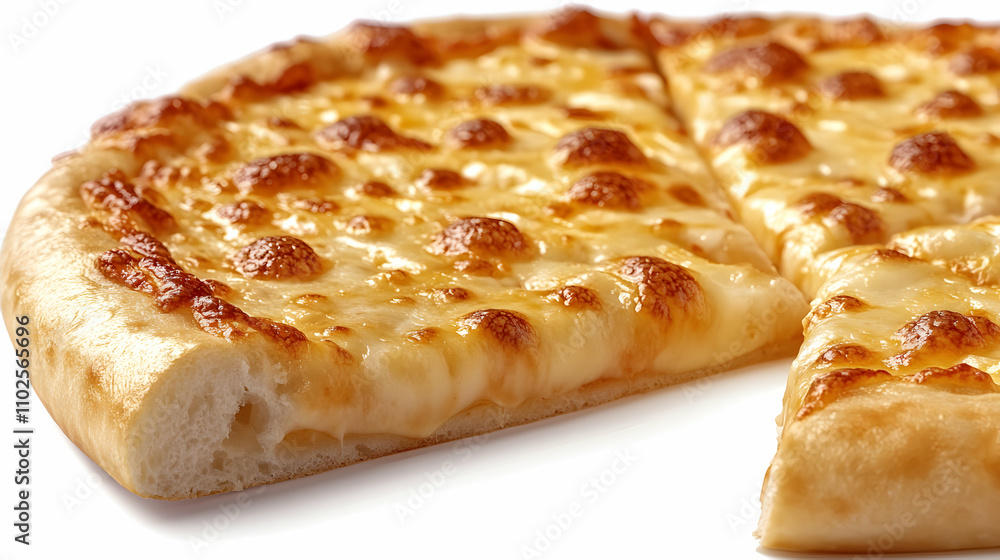 Close-up of a Delicious Cheese Pizza Slice, Golden Crust, Melted Cheese, Isolated on White Background Close-up of a Delicious Cheese Pizza Slice, Golden Crust, Melted Cheese, Isolated on White Background