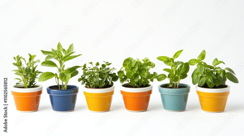 Fototapeta premium Vibrant Potted Plants in Colorful Containers on White Background
