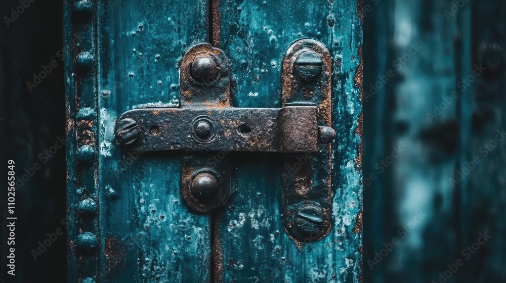 Fototapeta premium Weathered Blue Door with Vintage Rusted Lock and Latch Detail