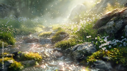 Sunlit stream flows through mossy rocks and wildflowers.