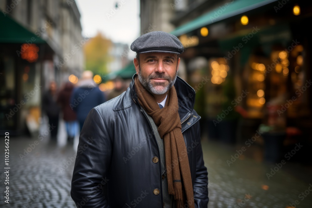 Handsome middle-aged man with beard wearing a cap and scarf on the streets of Paris Handsome middle-aged man with beard wearing a cap and scarf on the streets of Paris