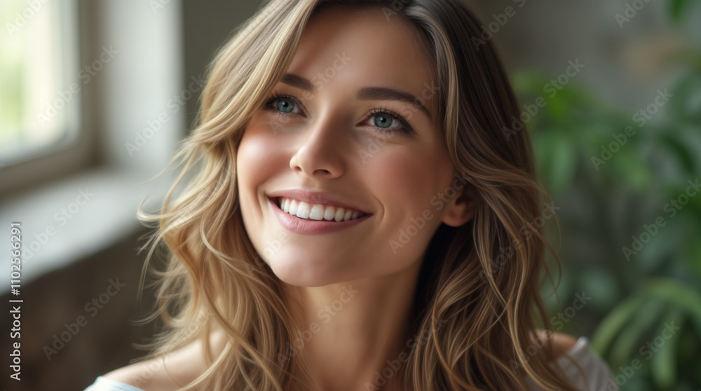 A beautiful woman with a smile on her face and sparkling eyes. She has wavy brown hair and is looking slightly upwards. She is illuminated by natural window light. Skin care and cosmetics. A beautiful woman with a smile on her face and sparkling eyes. She has wavy brown hair and is looking slightly upwards. She is illuminated by natural window light. Skin care and cosmetics.