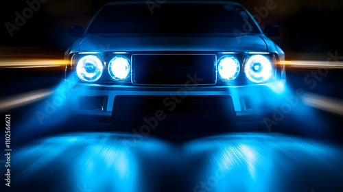 Night Drive, Blue Headlights Illuminate the Asphalt, Car Speeds Through the Darkness