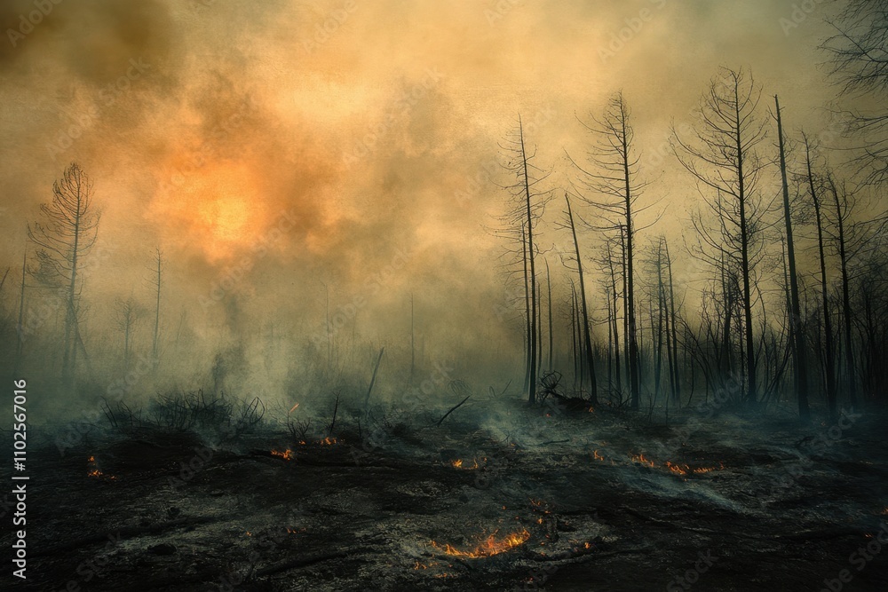Forest fire aftermath with smoldering ground and charred trees under a hazy sky. Forest fire aftermath with smoldering ground and charred trees under a hazy sky.
