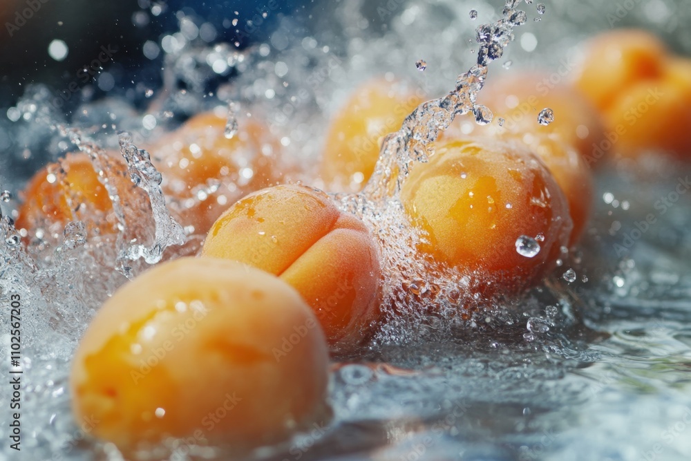 Fresh apricots in water splash, vibrant colors, close-up, dynamic motion. Fresh apricots in water splash, vibrant colors, close-up, dynamic motion.
