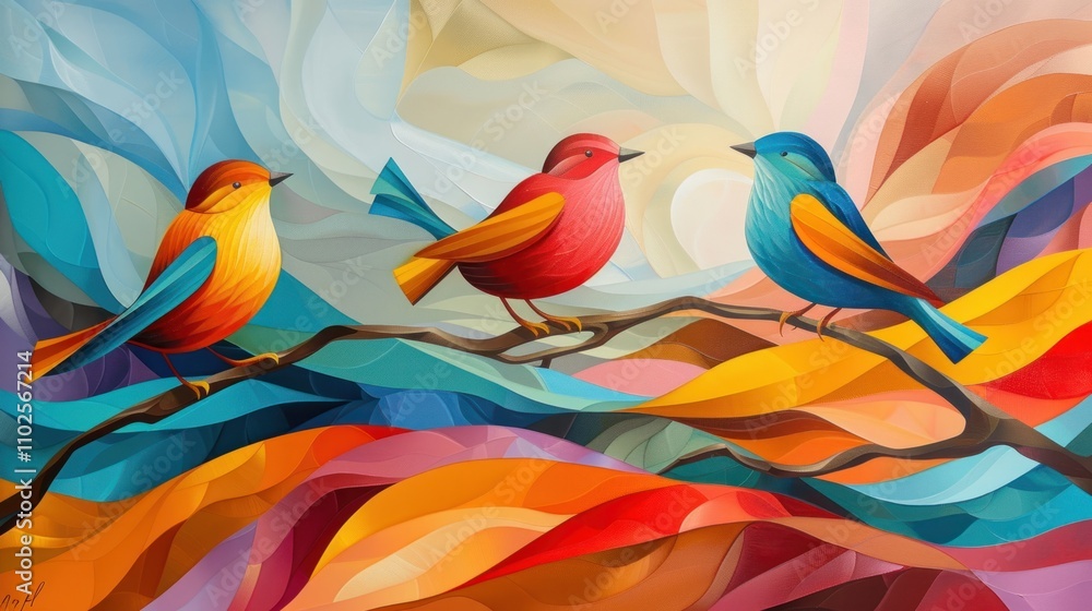 Three colorful birds perched on a branch amidst abstract, swirling landscape. Three colorful birds perched on a branch amidst abstract, swirling landscape.