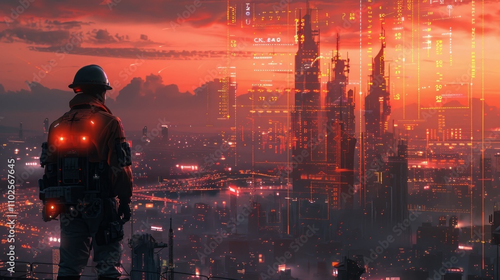A lone soldier stands on a rooftop overlooking a futuristic cityscape at sunset, the city bathed in a red glow. A lone soldier stands on a rooftop overlooking a futuristic cityscape at sunset, the city bathed in a red glow.