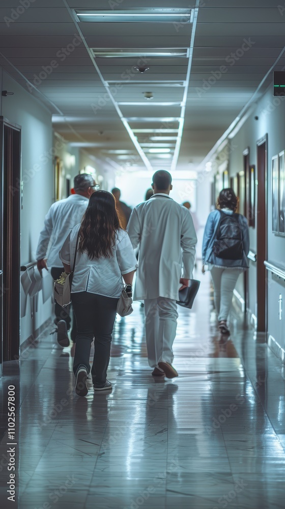 A group of healthcare workers, including doctors and nurses, is walking down a well-lit hospital corridor. They are engaged in patient care during a busy shift A group of healthcare workers, including doctors and nurses, is walking down a well-lit hospital corridor. They are engaged in patient care during a busy shift