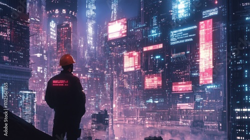 Wallpaper Mural A lone worker stands silhouetted against a futuristic cityscape, illuminated by glowing screens. Torontodigital.ca