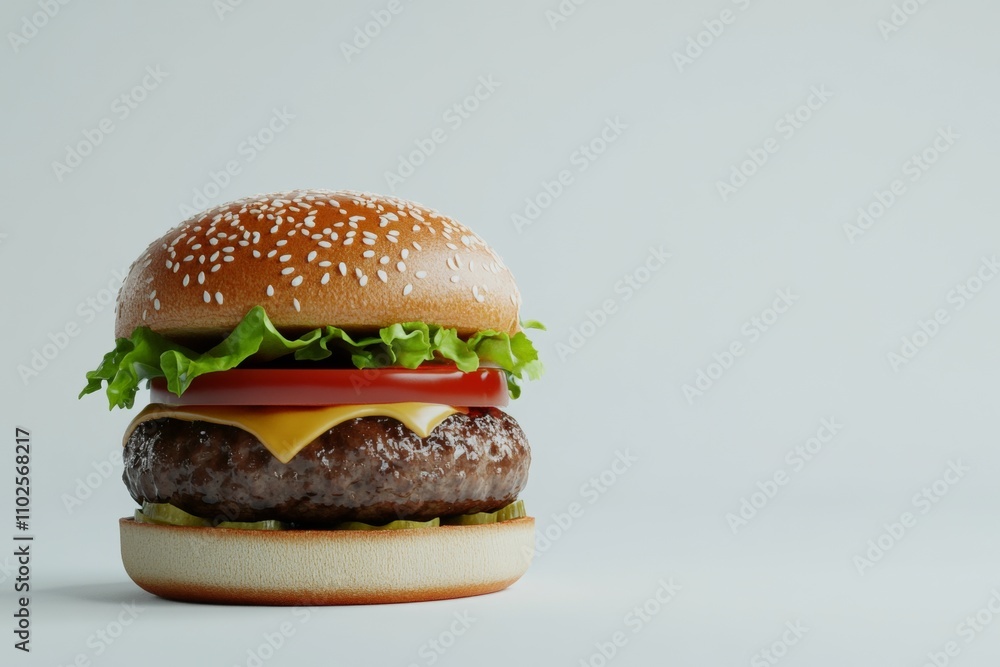 A hamburger with cheese and lettuce on a white background A hamburger with cheese and lettuce on a white background
