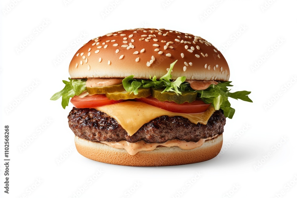 A hamburger with cheese and pickles on top A hamburger with cheese and pickles on top