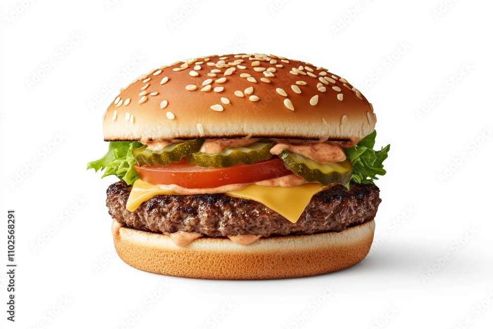 A hamburger with lettuce, tomato, and pickles on top A hamburger with lettuce, tomato, and pickles on top