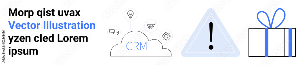 Cloud with CRM icons, alert triangle with exclamation mark, and wrapped gift box. Ideal for CRM systems, alerts, notifications, data management, security warnings gifts marketing. Landing page Cloud with CRM icons, alert triangle with exclamation mark, and wrapped gift box. Ideal for CRM systems, alerts, notifications, data management, security warnings gifts marketing. Landing page