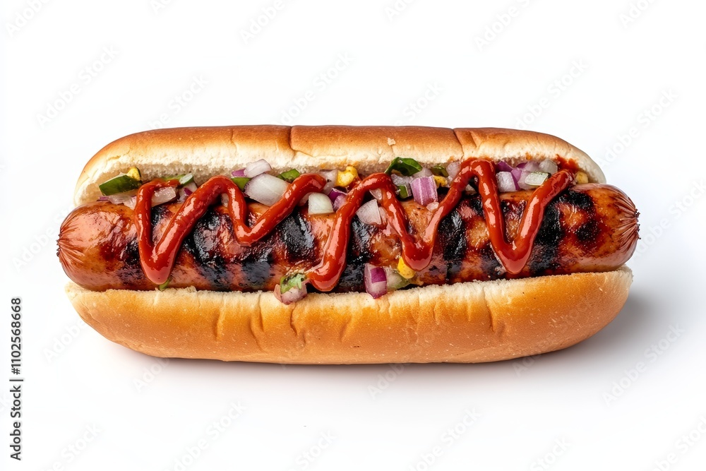 A hot dog with ketchup and onions on it A hot dog with ketchup and onions on it