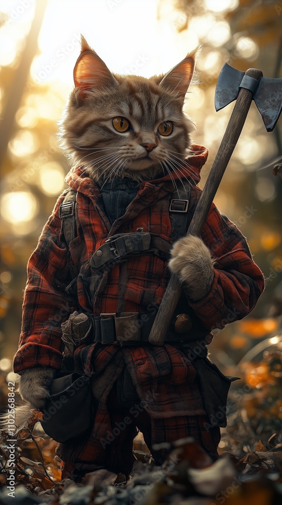 Feline Adventurer in Forest Setting Wearing Plaid Outfit, Holding Axe, Captured in Autumn Light, Exuding Unique Charm and Whimsical Appeal for Animal Lovers Feline Adventurer in Forest Setting Wearing Plaid Outfit, Holding Axe, Captured in Autumn Light, Exuding Unique Charm and Whimsical Appeal for Animal Lovers