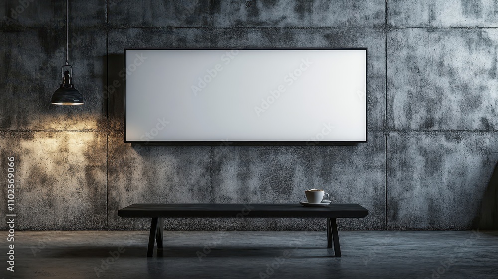 Blank sign on a concrete wall with cozy decor and soft ambient lighting Blank sign on a concrete wall with cozy decor and soft ambient lighting