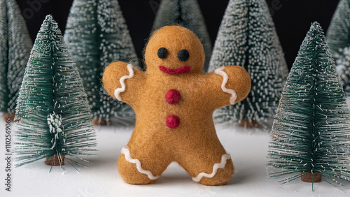 A fluffy, golden gingerbread man, crafted using needle felting technique and has soft and rounded shape, fastive background. photo