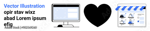 Desktop computer screen with text editor open, heart symbol in the center, e-commerce shopfront with products. Ideal for technology, online shopping, e-commerce, web development, customer engagement