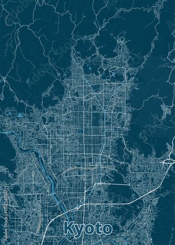A detailed map of Kyoto, Japan, rendered in a minimalist style. The map features a deep blue background with white lines representing streets and roads.