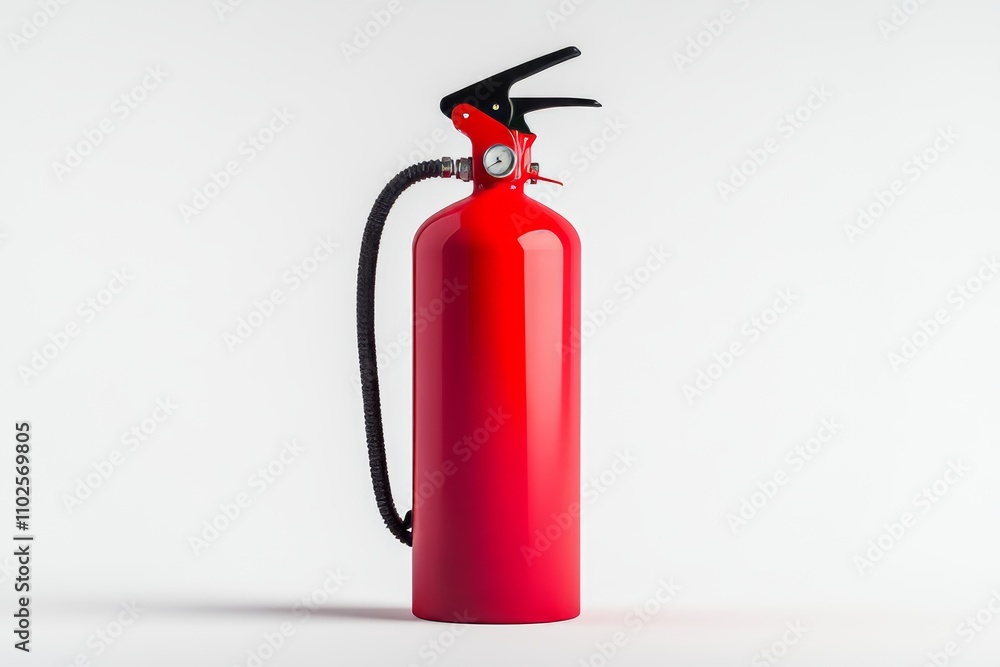 A red fire extinguisher sits on a white background A red fire extinguisher sits on a white background