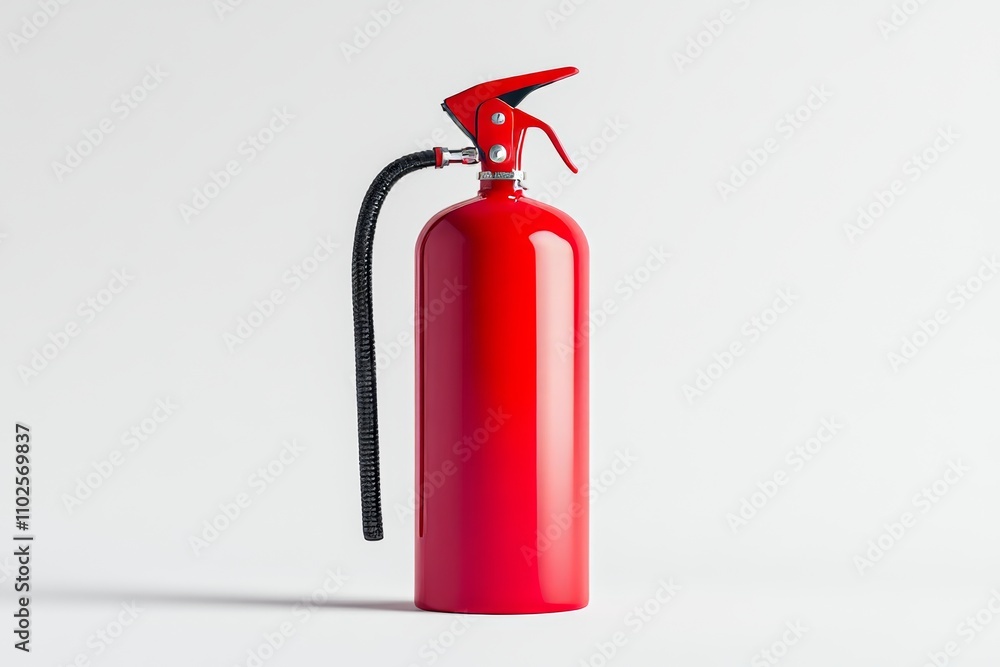 A red fire extinguisher sits on a white background A red fire extinguisher sits on a white background