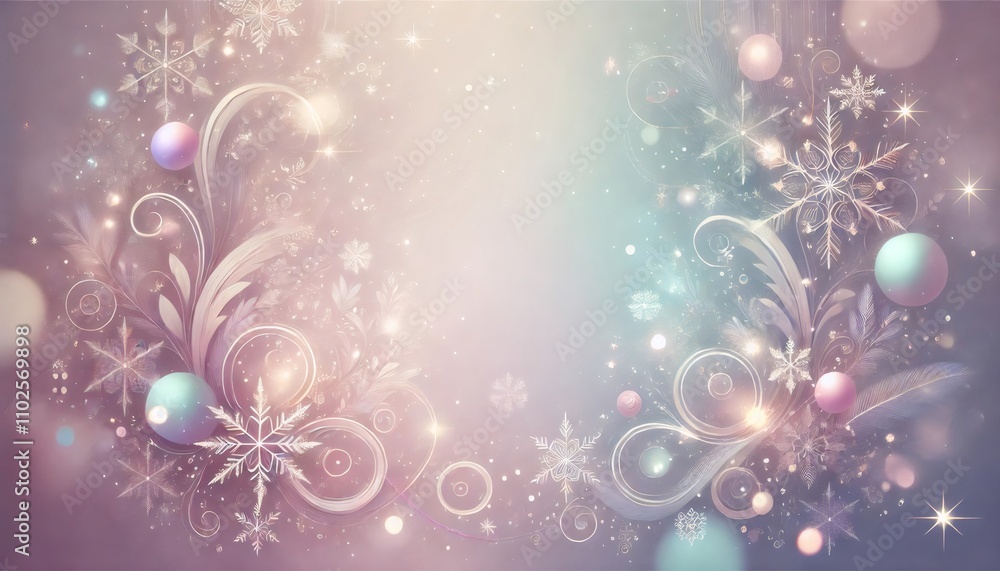 Festive and magical pastel christmas background featuring snowflakes, ornaments, and elegant swirls Festive and magical pastel christmas background featuring snowflakes, ornaments, and elegant swirls