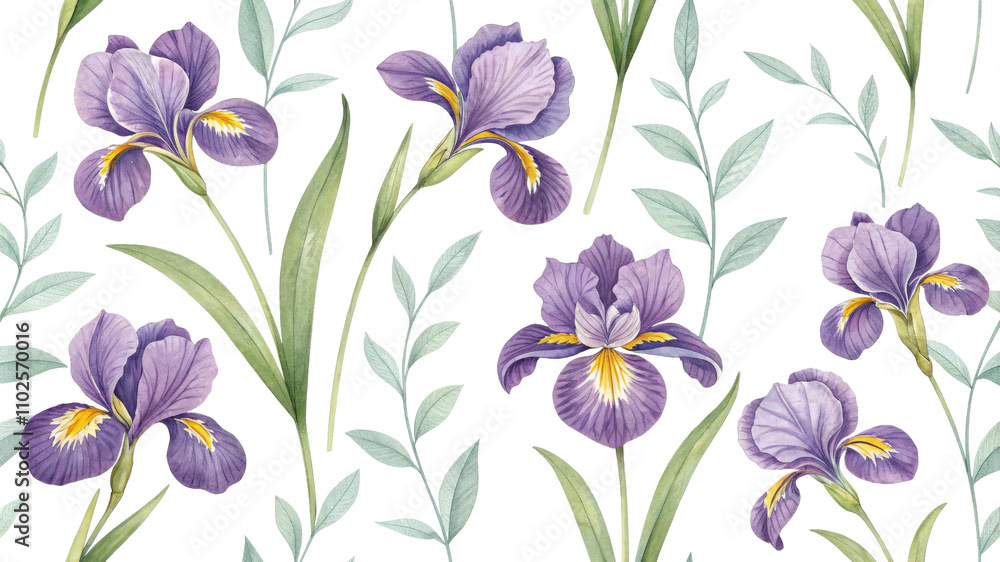 Obraz premium Watercolor Purple Iris Seamless Pattern, Isolated on White Background, Botanical Illustration, Floral Design, Spring FlowersIris, Watercolor, Floral Pattern, Seamless Pattern