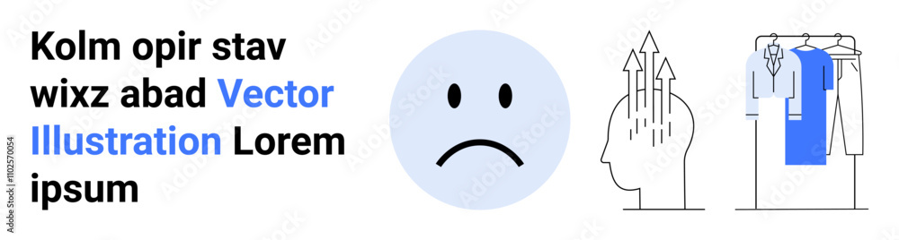 Sad face icon, head outline with upward arrows symbolizing stress, clothing rack. Ideal for mental health awareness, stress management, emotional wellbeing, psychology, organization, personal growth Sad face icon, head outline with upward arrows symbolizing stress, clothing rack. Ideal for mental health awareness, stress management, emotional wellbeing, psychology, organization, personal growth