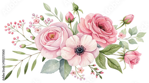 Watercolor Pink Floral Bouquet Roses, Anemones, Greenery, Isolated on White Background, Wedding Clipart

Floral arrangement, watercolor painting, botanical illustration, pink flowers