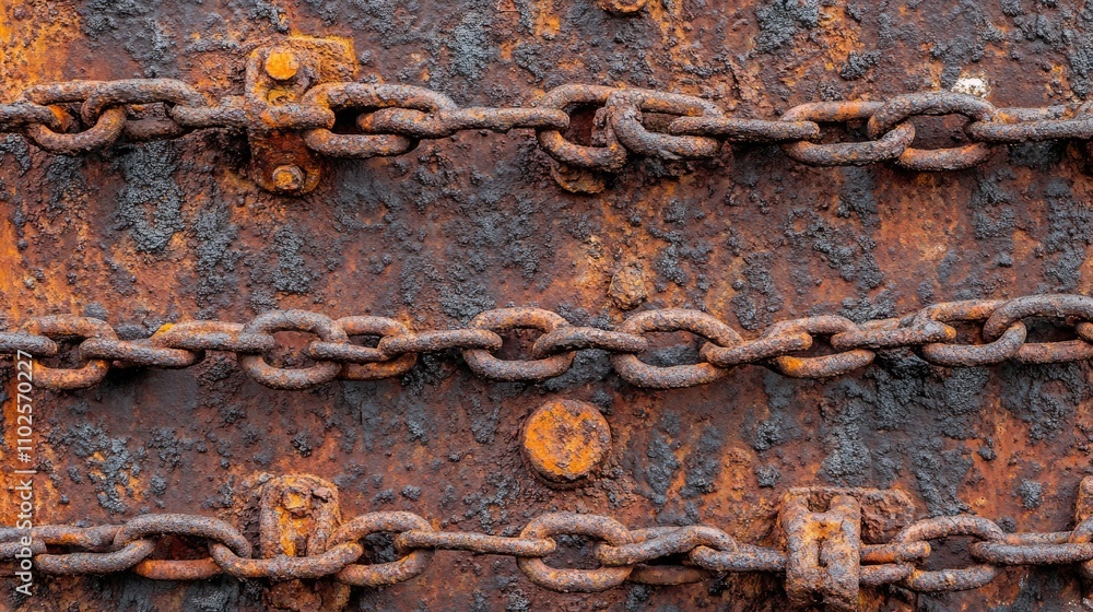 Rusty Metal Chains on Corroded Surface of Industrial Equipment Rusty Metal Chains on Corroded Surface of Industrial Equipment