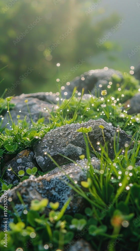 Dew-covered rocks and vibrant green grass in soft morning light. Dew-covered rocks and vibrant green grass in soft morning light.