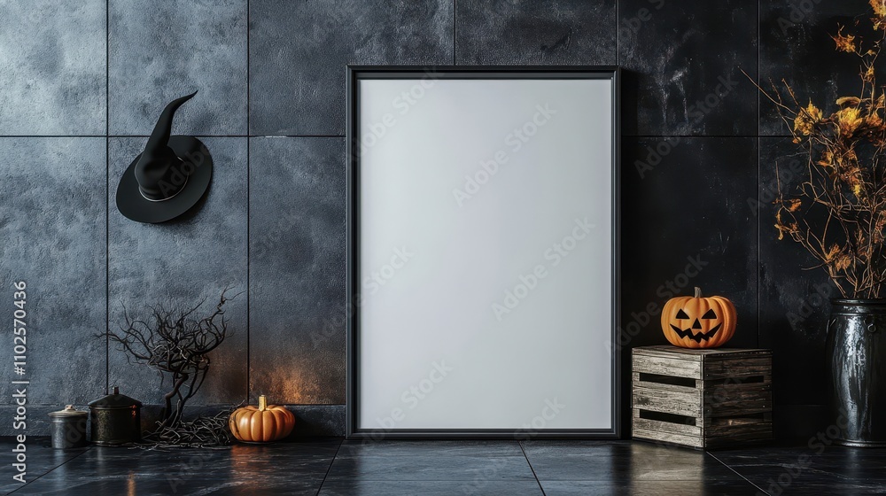 Fototapeta premium Blank billboard mockup on black wall with witch hat and subtle spooky accents