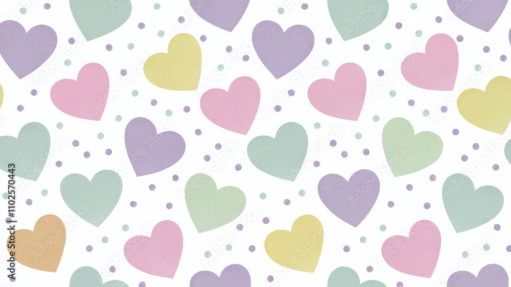 A whimsical Valentine’s Day background with a pattern of pastel-colored heart shapes in pink, purple, mint green, and yellow, gently falling like confetti.