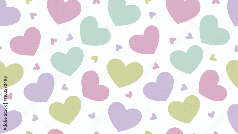 A whimsical Valentine’s Day background with a pattern of pastel-colored heart shapes in pink, purple, mint green, and yellow, gently falling like confetti. A whimsical Valentine’s Day background with a pattern of pastel-colored heart shapes in pink, purple, mint green, and yellow, gently falling like confetti.