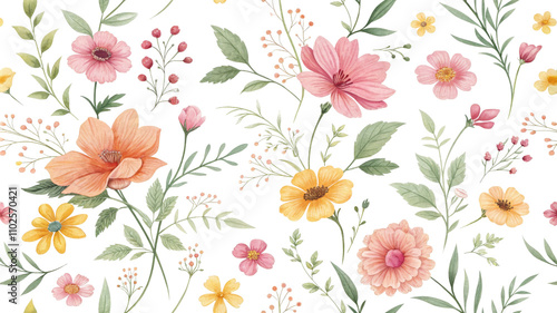Wallpaper Mural Watercolor Floral Seamless Pattern with Peach, Pink, and Yellow Blooms, floral, watercolor, pattern, blooms Torontodigital.ca