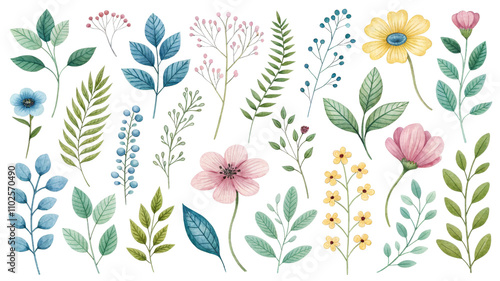 Wallpaper Mural Whimsical Botanical Elements on White Background, botanical, whimsical, elements Torontodigital.ca