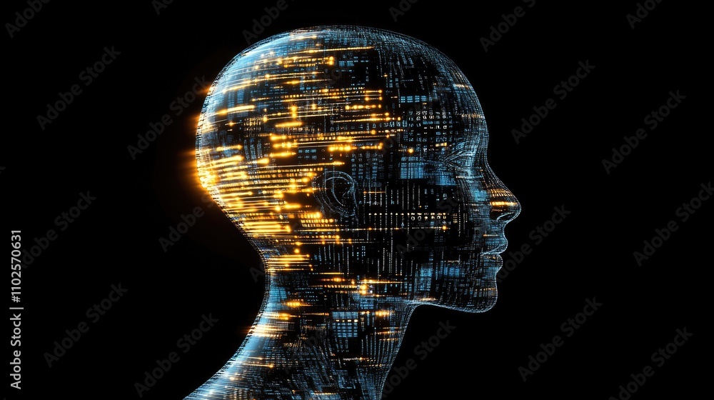 Digital Human Profile with Glowing Data Streams in Dark Background Digital Human Profile with Glowing Data Streams in Dark Background