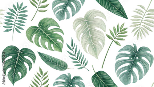 Tropical Leaf Pattern with Monstera and Palm Leaves, tropical, leaves, monstera, palm, pattern 