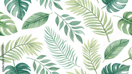 Top View Watercolor Tropical Leaves Composition, Green Monstera, Palm and Various Foliage, Isolated on White Background,

Tropical Leaves, Watercolor, Seamless Pattern, Botanical Illustration