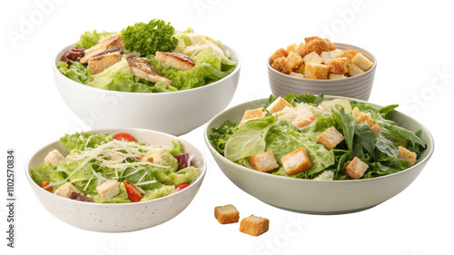 Three Caesar Salads in Bowls, Croutons, Isolated on White Background, Food Photography, Culinary, RestaurantCaesar Salad, Food Photography, Croutons, Recipe