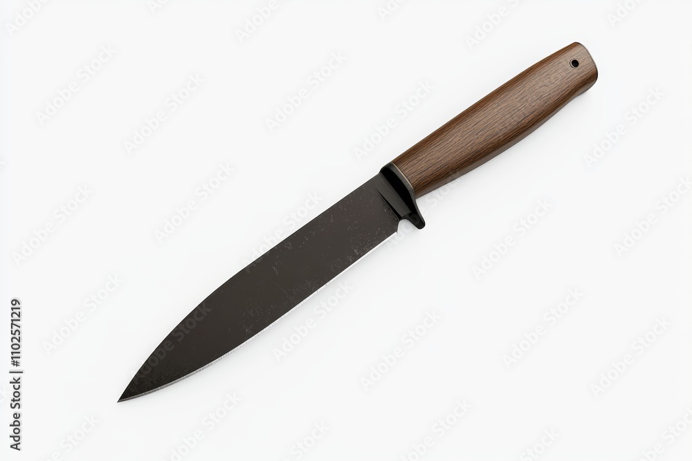 A knife with a wooden handle is shown on a white background A knife with a wooden handle is shown on a white background