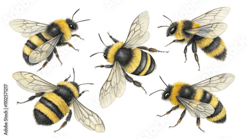 Five Bumblebee Watercolor Illustrations, Isolated on White Background, Detailed Composition, Insect Art, Pollinator

bumblebee, watercolor, illustration, insect