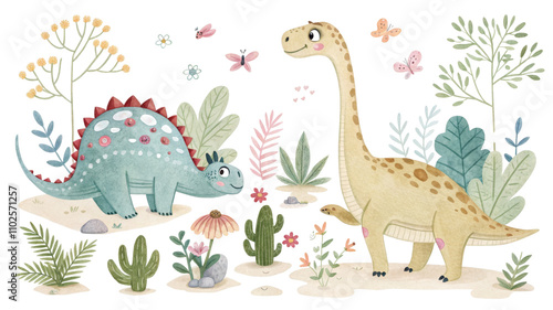 Cute Dinosaur Illustration with Plants and Butterflies, dinosaurs, cute, plants, butterflies, nature 