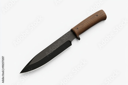 A black knife with a wooden handle