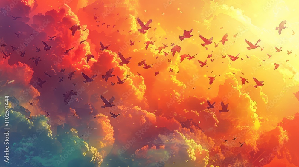 Vivid sunset sky with a flock of birds flying. Vivid sunset sky with a flock of birds flying.