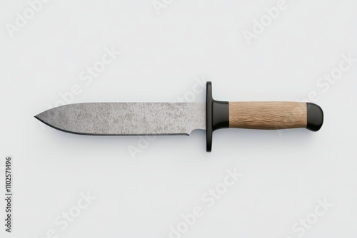 A knife with a wooden handle and a black tip